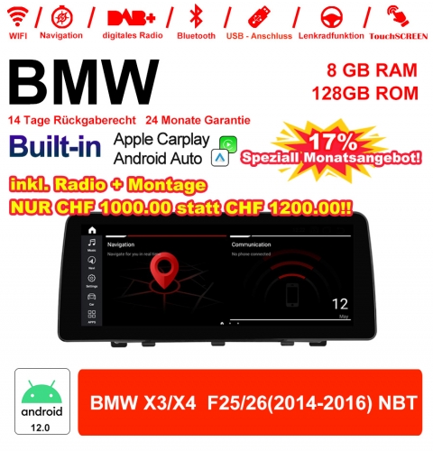 12.3 Zoll Qualcomm Snapdragon 665 8 Core Android 12.0 4G LTE Autoradio / Multimedia USB Carplay Für BMW X3/X4 F25/26 (2014-2016) NBT