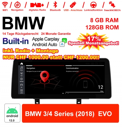 12.3 Inch Qualcomm Snapdragon 665 8 Core Android 12.0 4G LTE Car Radio / Multimedia USB Carplay For  BMW 3/4 Series (2018)  EVO With WiFi