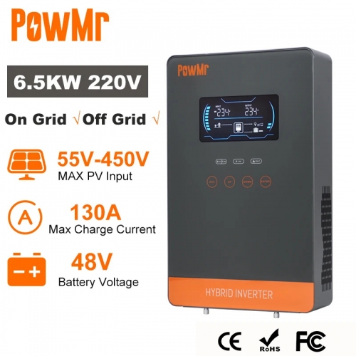 Powmr 6500w hybrid solar inverter 48v 230vac grid independent pure sine wave inverter with MPPT 130a solar battery charger with WiFi