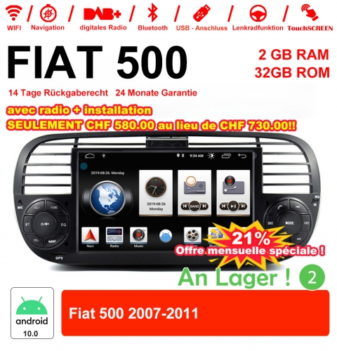 6.2 Zoll Android 10.0 Autoradio / Multimedia 2GB RAM 32GB ROM Für Fiat 500 2007-2011 Mit WiFi NAVI Bluetooth USB Built-in Carplay/Android Auto Schwarz