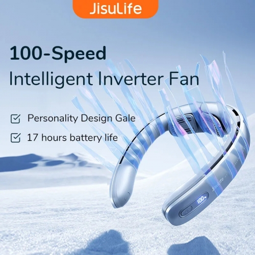 Jisulife portable neck fan, 100 speed wind, 5000mAh battery, mini electric neck fan USB rechargeable neck band fan