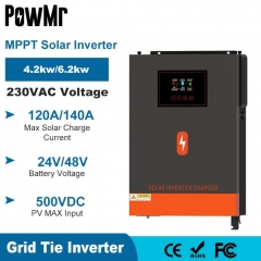 PowMr 6.2KW/4.2KW Hybrid Solar Inverter On Grid Pure Sine Wave Inverter 24V 48V 230V PV Input Max 500vdc MPPT 120A Charger