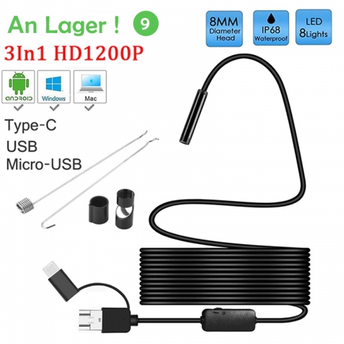 8mm Endoscope de caméra d'objectif HD 1200P IP68 Tube flexible dur Mirco USB Type-C Endoscope Inspection vidéo pour Android Endoscope