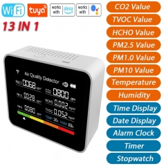 13 in 1 Tuya WiFi Air Quality Monitor CO2 Detector CO2/ TVOC/ Hcho/ PM2.5/ PM1.0/ PM10/ Temperature/ Humidity/ Time/ Date/ Alarm/ Timer