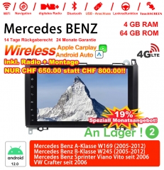 9 pouces Android 12.0 4G LTE Autoradio 4GB RAM 64GB ROM pour BENZ A-Klasse W169, B-Klasse W245, Sprinter Viano Vito, VW Carplay intégre /Android Auto