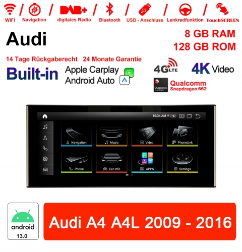 Qualcomm Snapdragon 662 8 Core Android 13.0  Autoradio / Multimedia Für AUDI A4 A4L 2009-2016 Built-in CarPlay