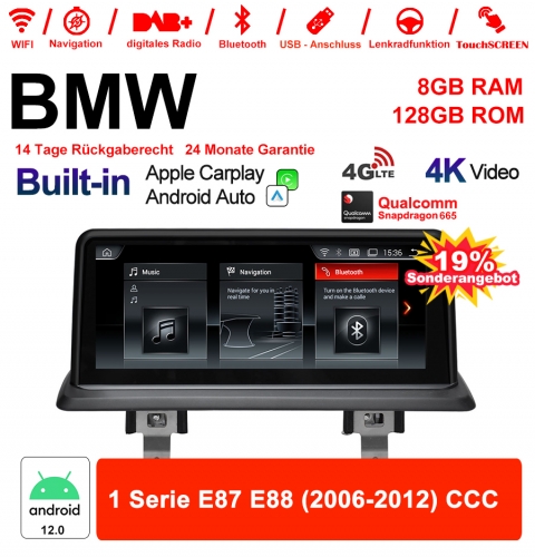 12.3" Qualcomm Snapdragon 665 Android 12.0 4G LTE Autoradio / Multimédia USB WiFi Navi Carplay Pour BMW 1er E87 E88(2006-2012) CCC