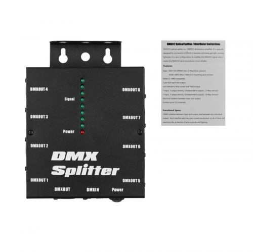 DMX512 optical signal amplifier splitter 1 direct input and output 8 independent outputs