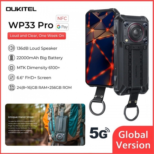 Oukitel WP33 Pro 5G Android 13 IP68 Téléphone robuste 6.6" FHD+IPS Smartphone 24Go RAM 256Go ROM 22000mAh 64MP+32MP Soutien Google Pay/OTG/Face ID