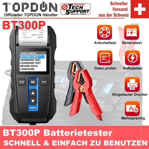 Topdon BT300P Car Battery Tester with Print 12V Car Battery Tester with Printer Battery Load Test for Motorcycle Auto Charge