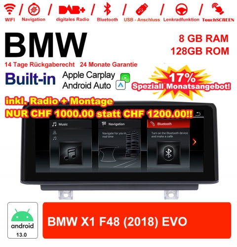 10.25 Zoll Qualcomm Snapdragon 665 8 Core Android 13.0 4G LTE Autoradio / Multimedia USB WiFi Navi Carplay Für BMW X1 F48 (2018) EVO 