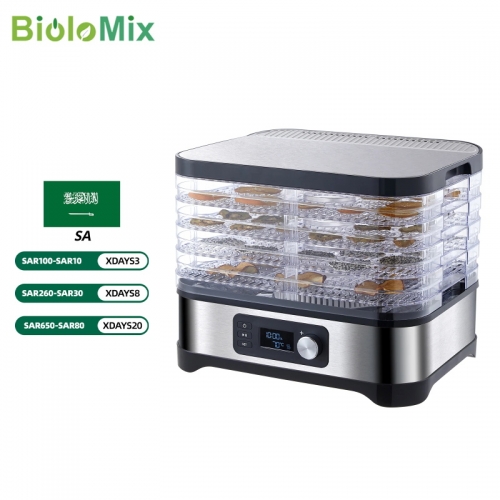 BioloMix BPA Free 5 Trays Food Dryer Dehydrator with Digital Timer and Temperature Control for Fruit Vegetables Meat Jerky