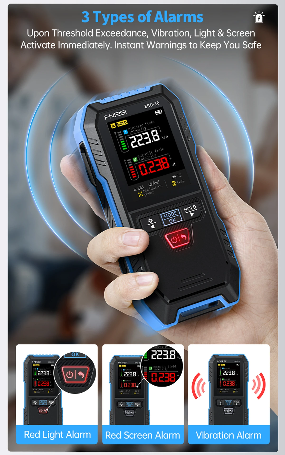 FNIRSI ERD‑10 détecteur 4-en-1 EMF avec écran couleur 2,4 pouces