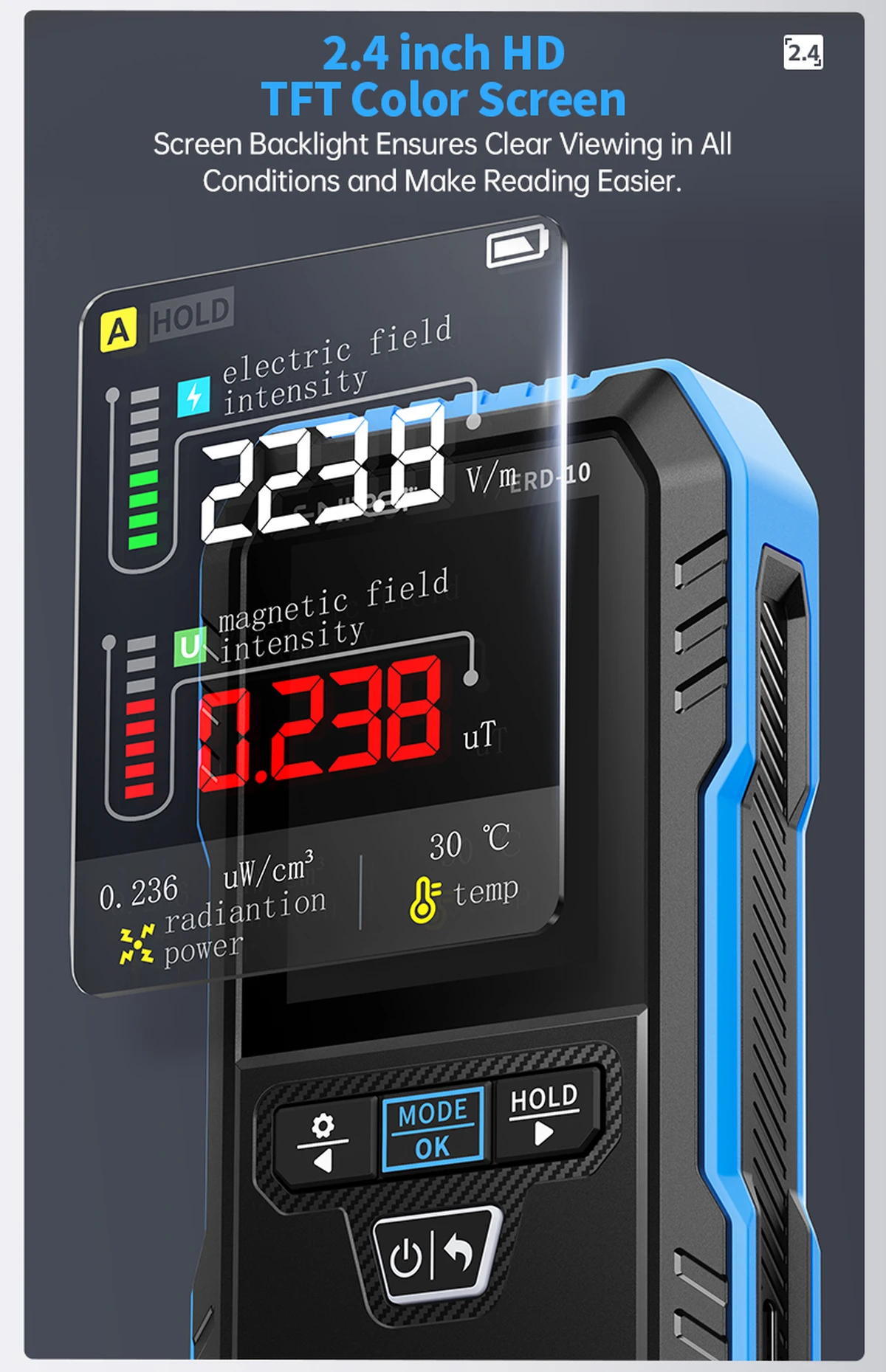 FNIRSI ERD‑10 détecteur 4-en-1 EMF avec écran couleur 2,4 pouces