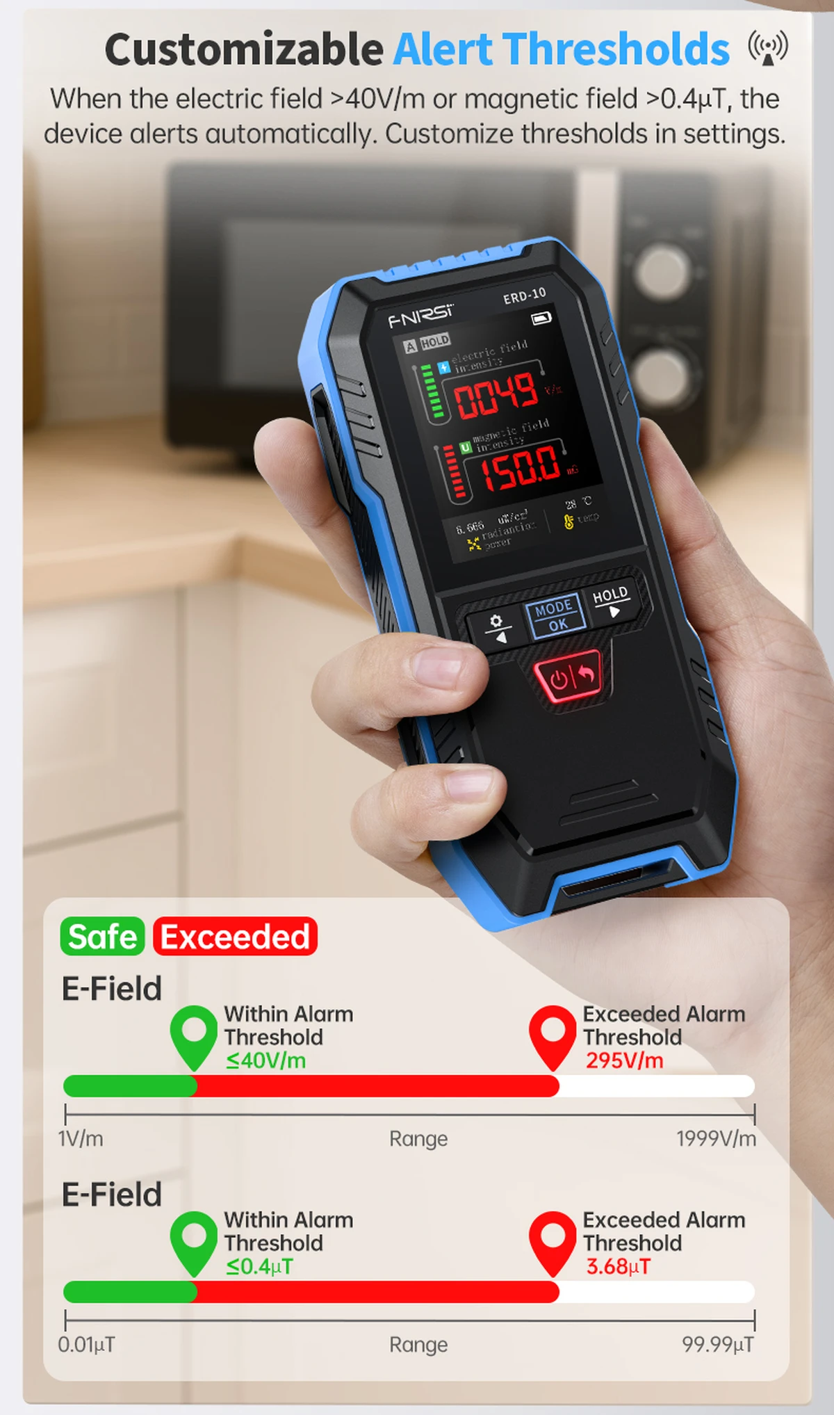 FNIRSI ERD‑10 détecteur 4-en-1 EMF avec écran couleur 2,4 pouces