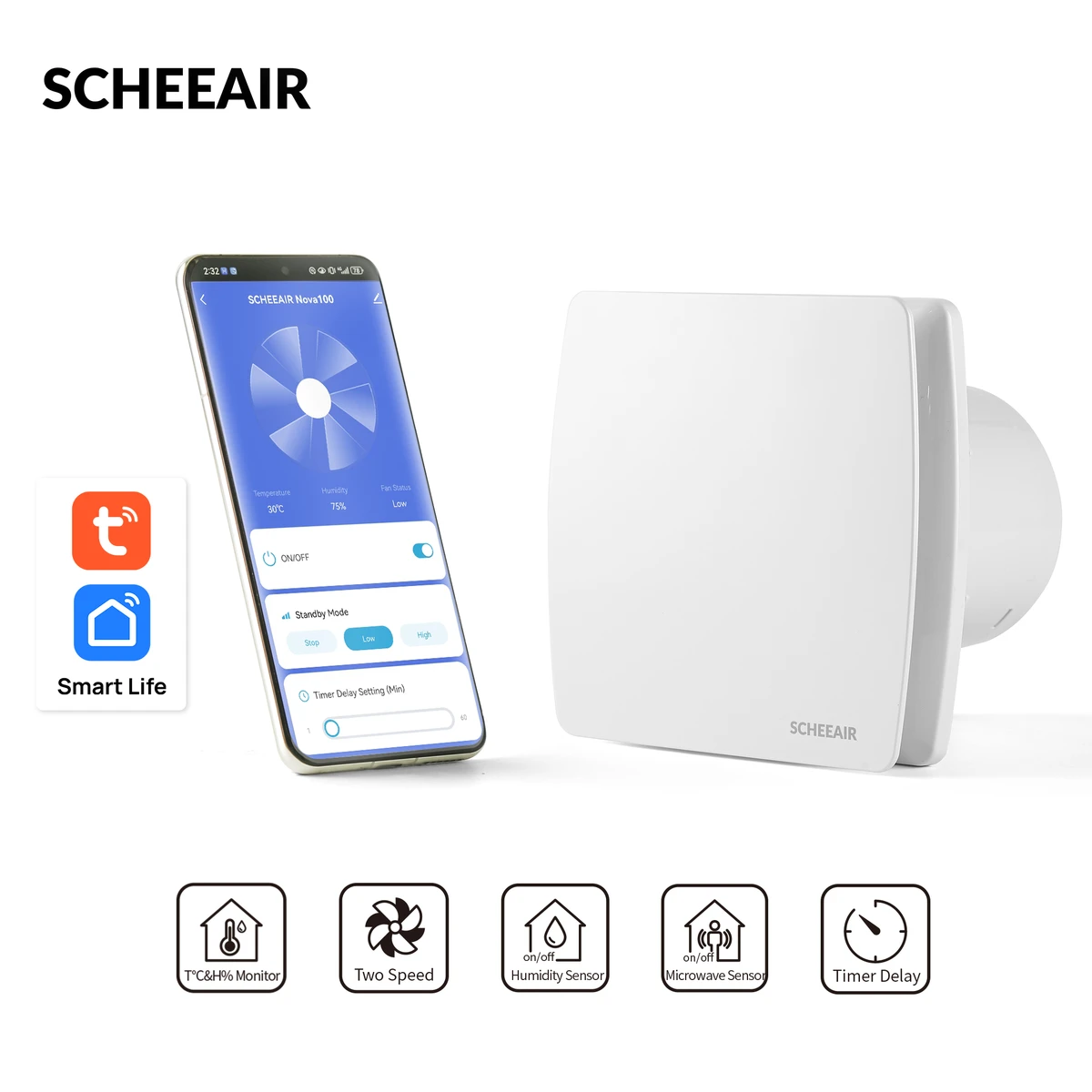 Extracteur d'air de salle de bain intelligent Tuya Smart Life Wi-Fi Nova100 de 100 mm avec capteur d'humidité, détecteur de mouvement et minuterie