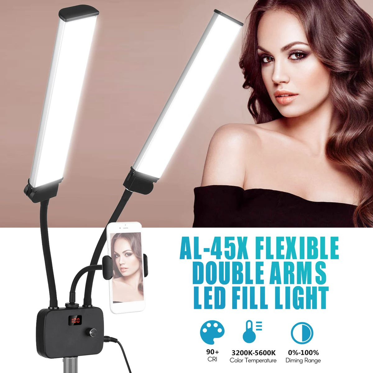 Flexibles Doppelarm-LED-Fülllicht, zweifarbig, dimmbar, LED-Videoleuchte, 3 Beleuchtungsmodi mit Telefonhalter für Live-Stream