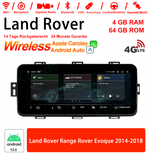 12.3 pouces Qualcomm Snapdragon 668S 8 Core Android 13.0 4G LTE Autoradio 8Go de RAM 128Go de ROM pour Land Rover Range Rover Evoque 2014-2018