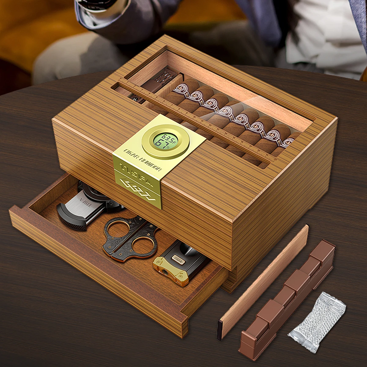 Cave à cigares avec hygromètre et humidificateur, boîte en bois de cèdre avec tiroir, séparateur, jauge de longueur