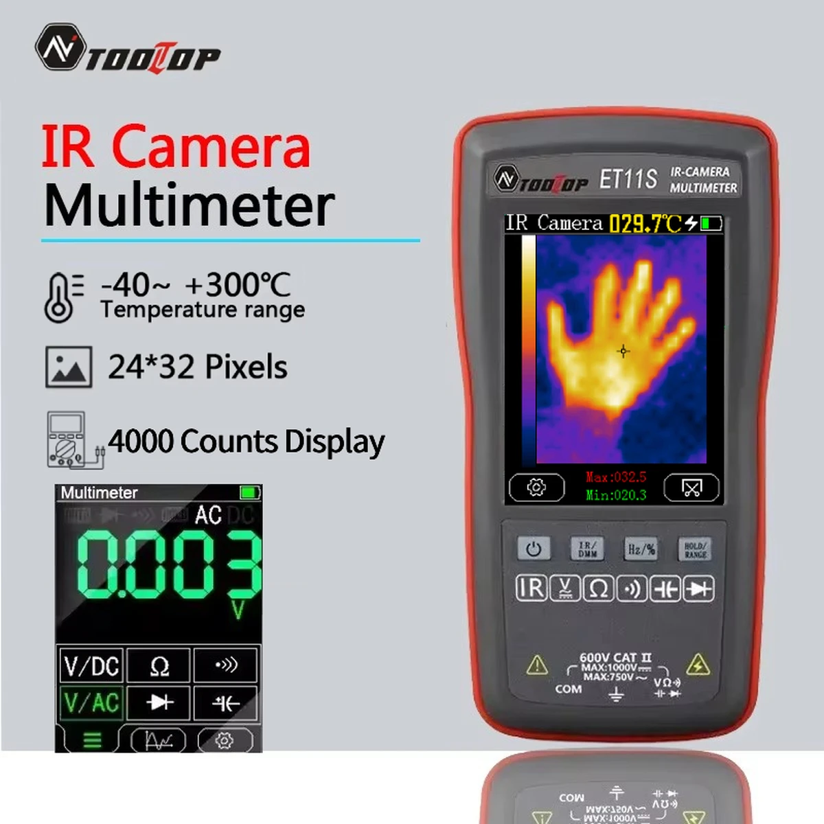 Caméra thermique TOOLTOP ET11S 24x32 2,8 pouces, multimètre AC/DC 4000 points, mesure de température -40 à 300 °C