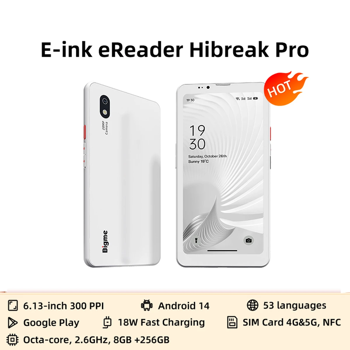 Liseuse Hibreak Pro avec écran E-Ink de 6,13 pouces (300 ppp), 8 Go de RAM et 256 Go de ROM, sous Android 14.