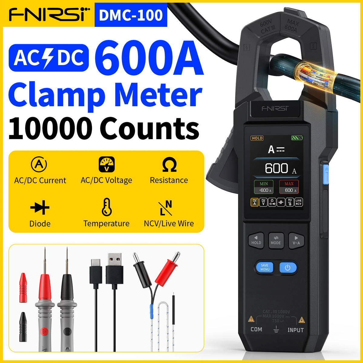 Pince ampèremétrique FNIRSI DMC-100 (DC/AC) 10 000 points, multimètre numérique, chargeur USB, ampèremètre 600 A.