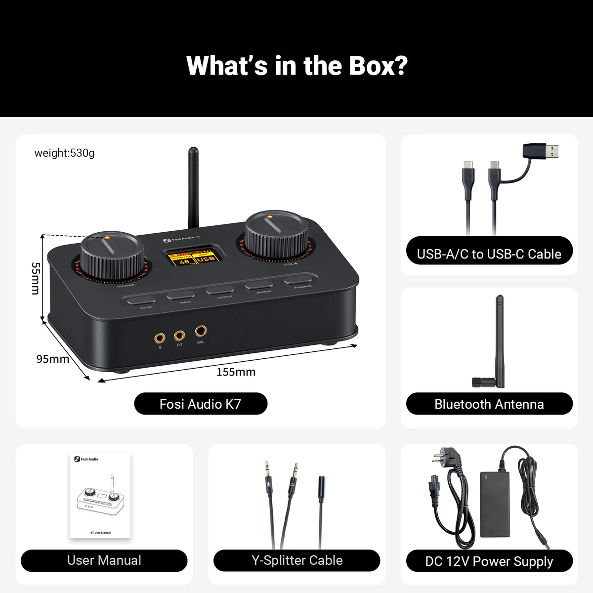 DAC HiFi Fosi Audio K7, amplificateur de casque Bluetooth avec entrée microphone et DAC audio USB pour jeux vidéo