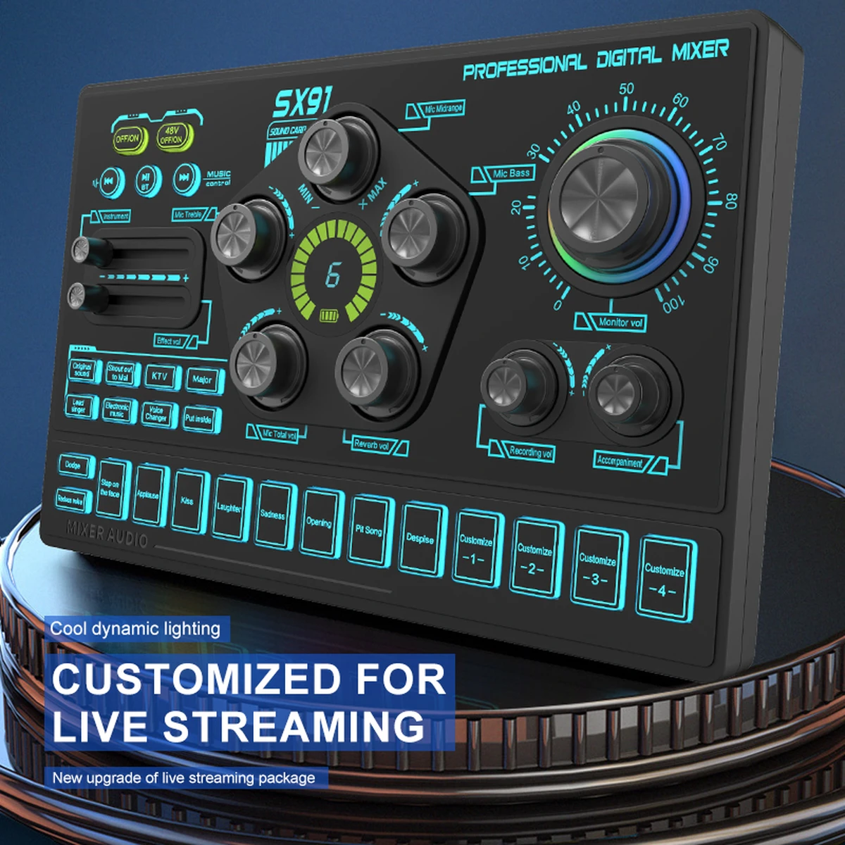 SX91 Table de mixage audio 48 V avec changeur de voix – Mixeur et carte son pour téléphone, jeux, karaoké, studio et streaming en direct