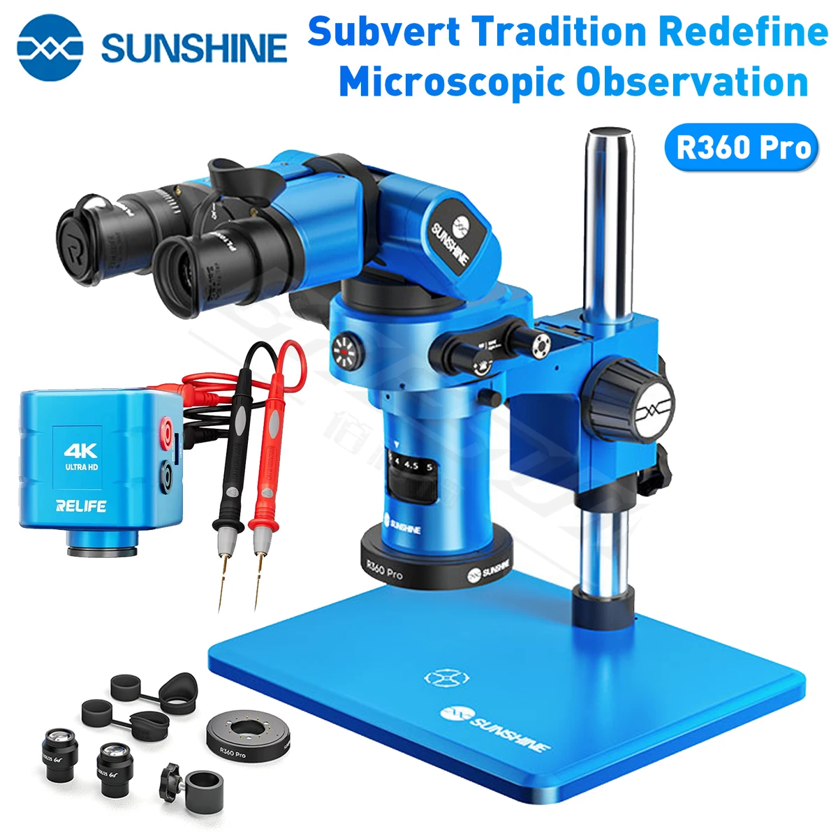 Microscope trinoculaire électronique SUNSHINE R360PRO, grossissement continu 7–58x, zoom 4KHD