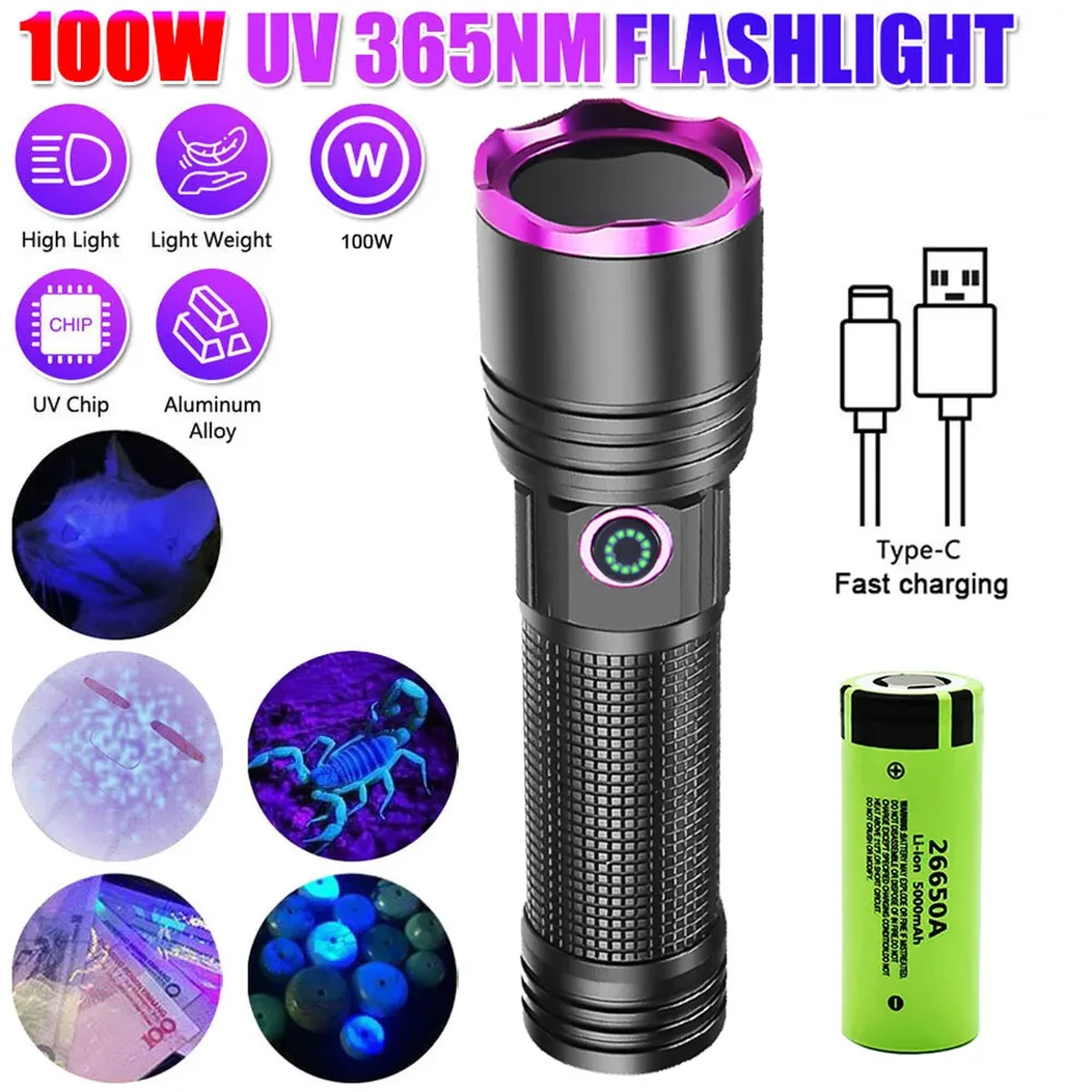 Lampe torche UV 100 W 365 nm, rechargeable par USB, pour la détection d'urine d'animaux, de scorpions et de résine.