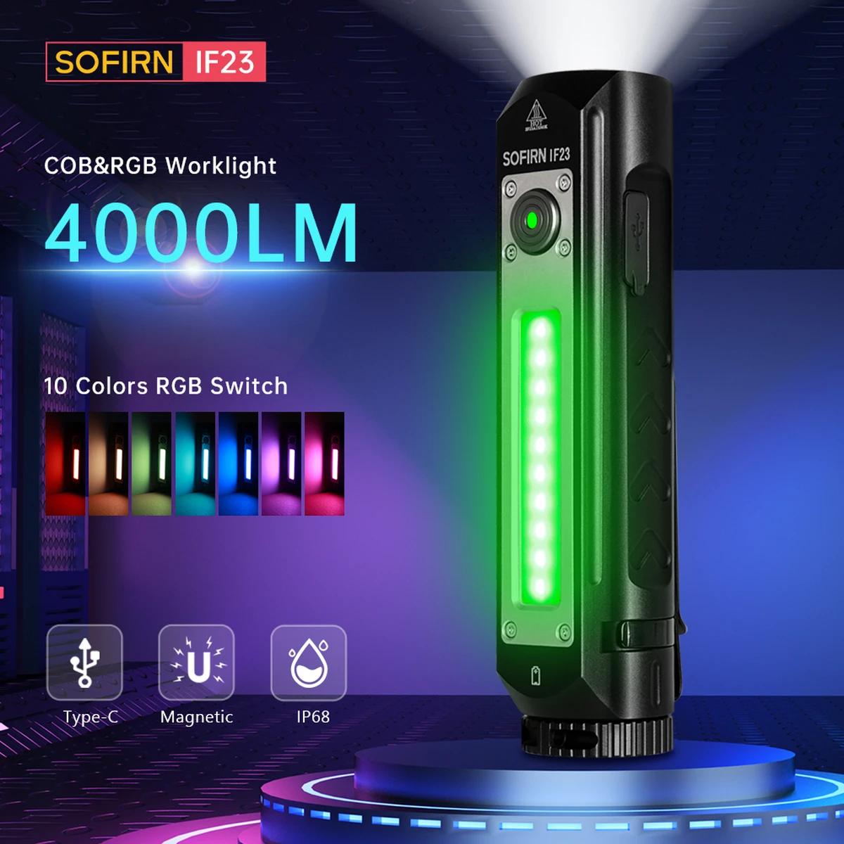 Lampe torche LED RGB IF23 4000 lm avec aimant – Projecteur rechargeable USB-C
