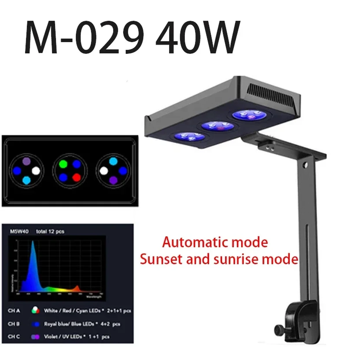 Lampe LED intelligente pour coraux, 40 W, Wi-Fi, spectre complet, température de couleur réglable.