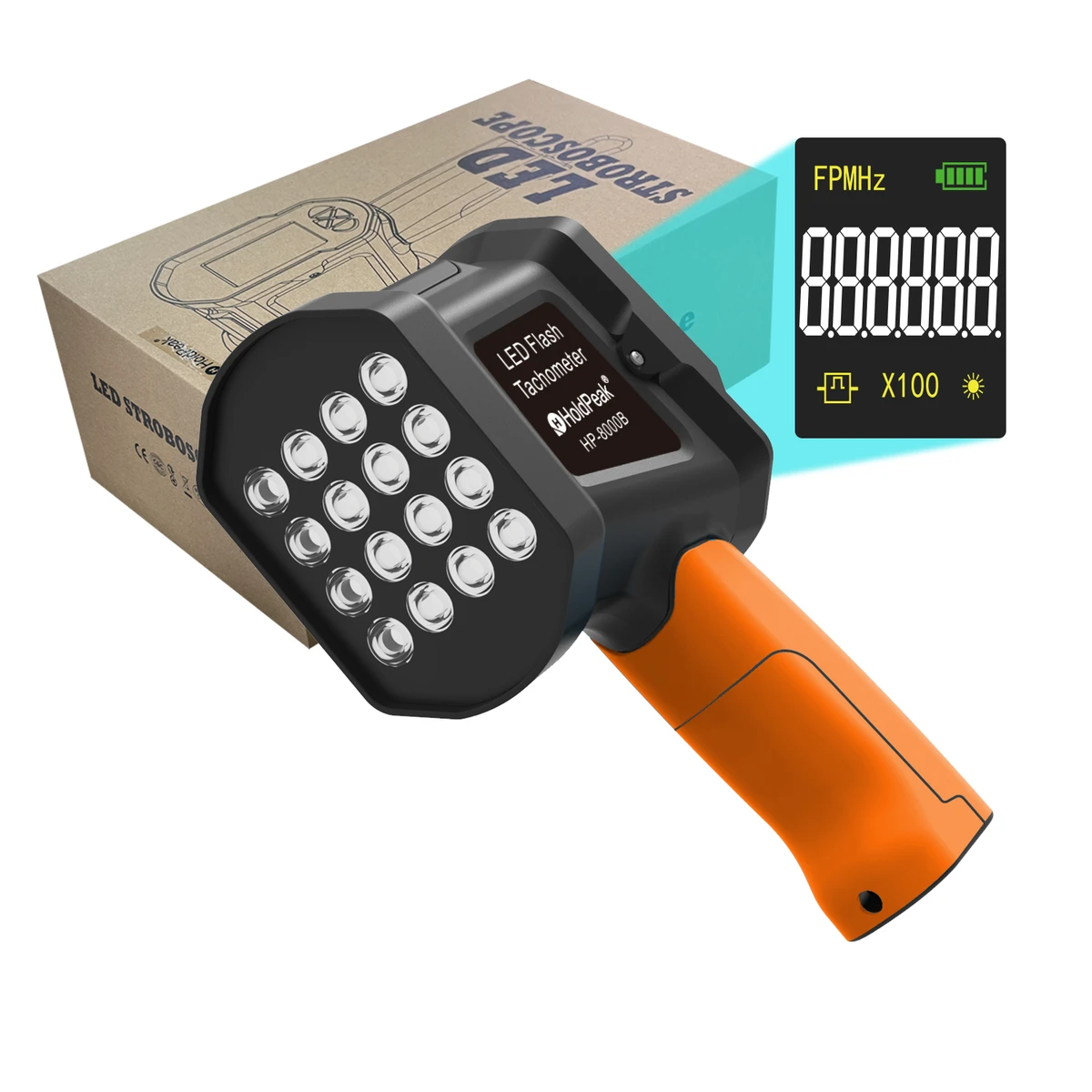 Lampe stroboscopique portable BT-8000B ED, lampe stroboscopique numérique sans contact à vitesse variable (60-100 000 s) avec 16 LED réglables.