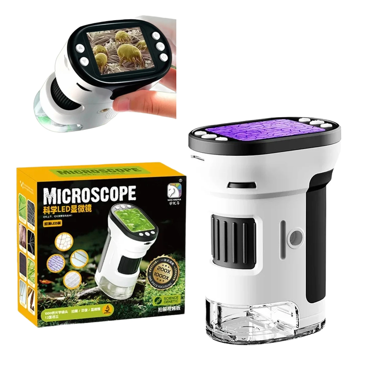 Ensemble microscope biologique pour enfants, grossissement 1000x, 200 mégapixels, avec fonction photo et vidéo LED pour enfants