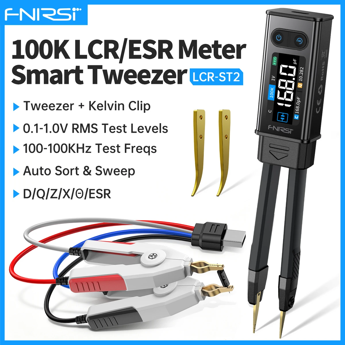 FNIRSI LCR-ST2 Pince numérique 2 en 1 Pont LCR ESR Test CMS Pince Kelvin Composant électronique