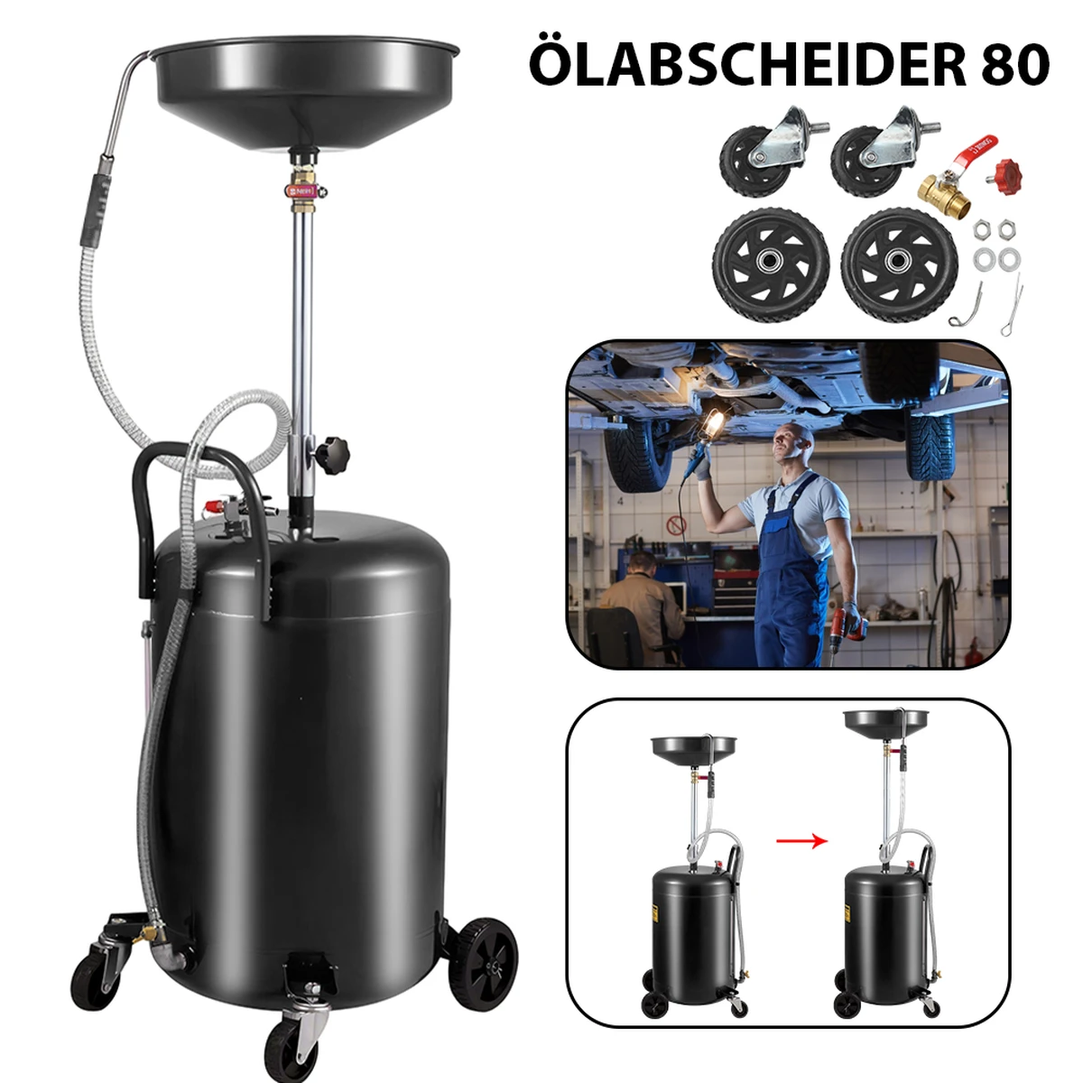 Réservoir de récupération d’huile usagée 80 L pneumatique avec tube de vidange, pour huile moteur, carburant et fluides automobiles