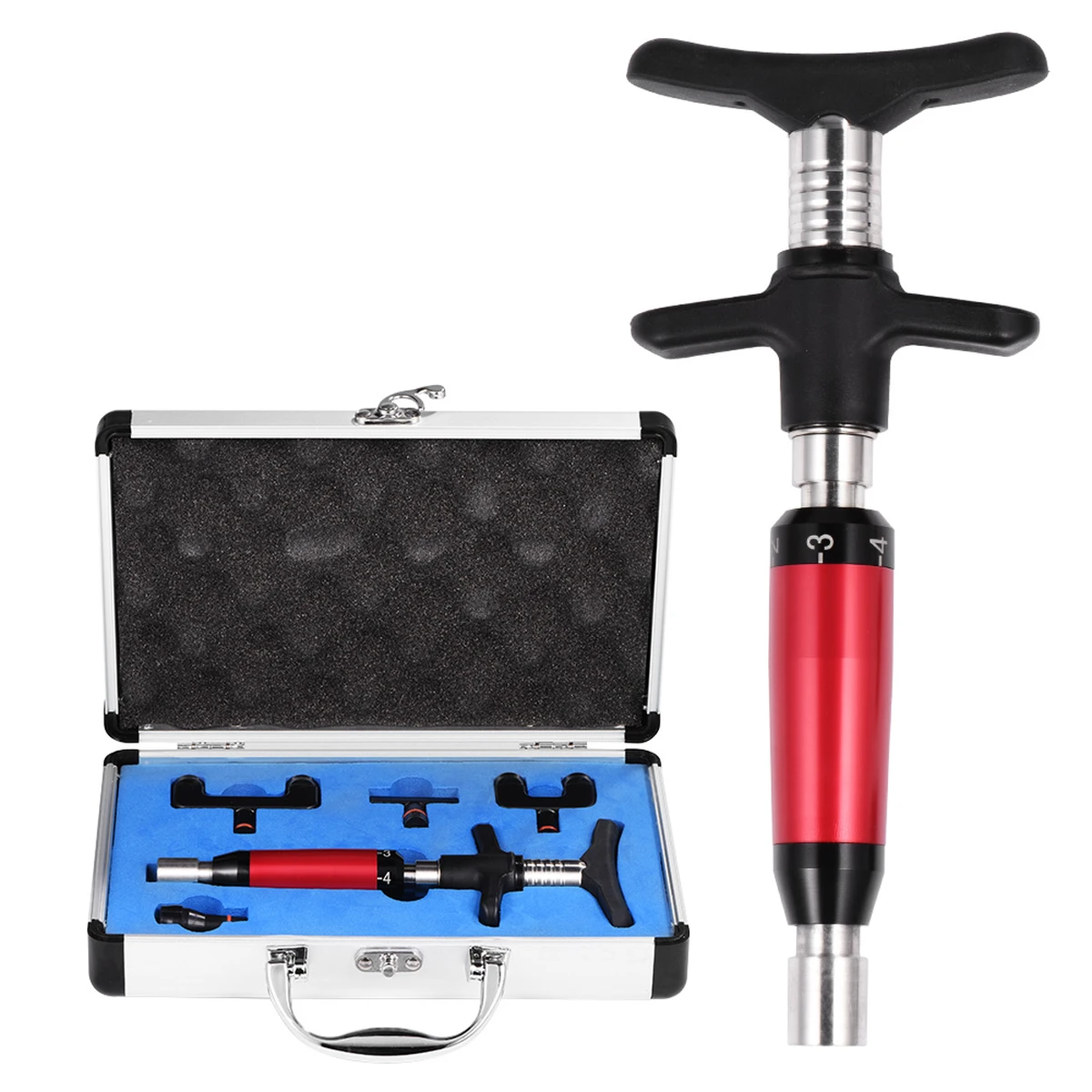 Appareil de massage chiropratique électrique pour l’ajustement de la colonne vertébrale, avec 4 têtes de massage interchangeables. Appareil de massage chiropratique électrique pour l’ajustement de la colonne vertébrale, avec 4 têtes de massage interchangeables.