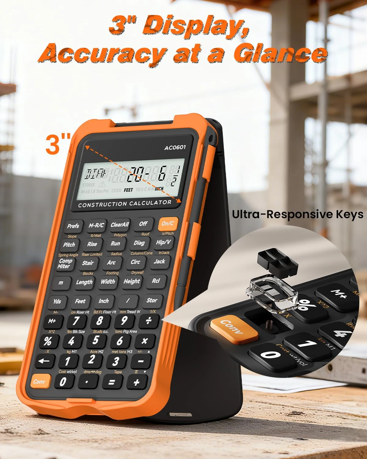 Calculatrice de chantier avec tablette d’écriture, calculatrice scientifique et technique ROATEE pour entrepreneurs et professionnels du bâtiment.