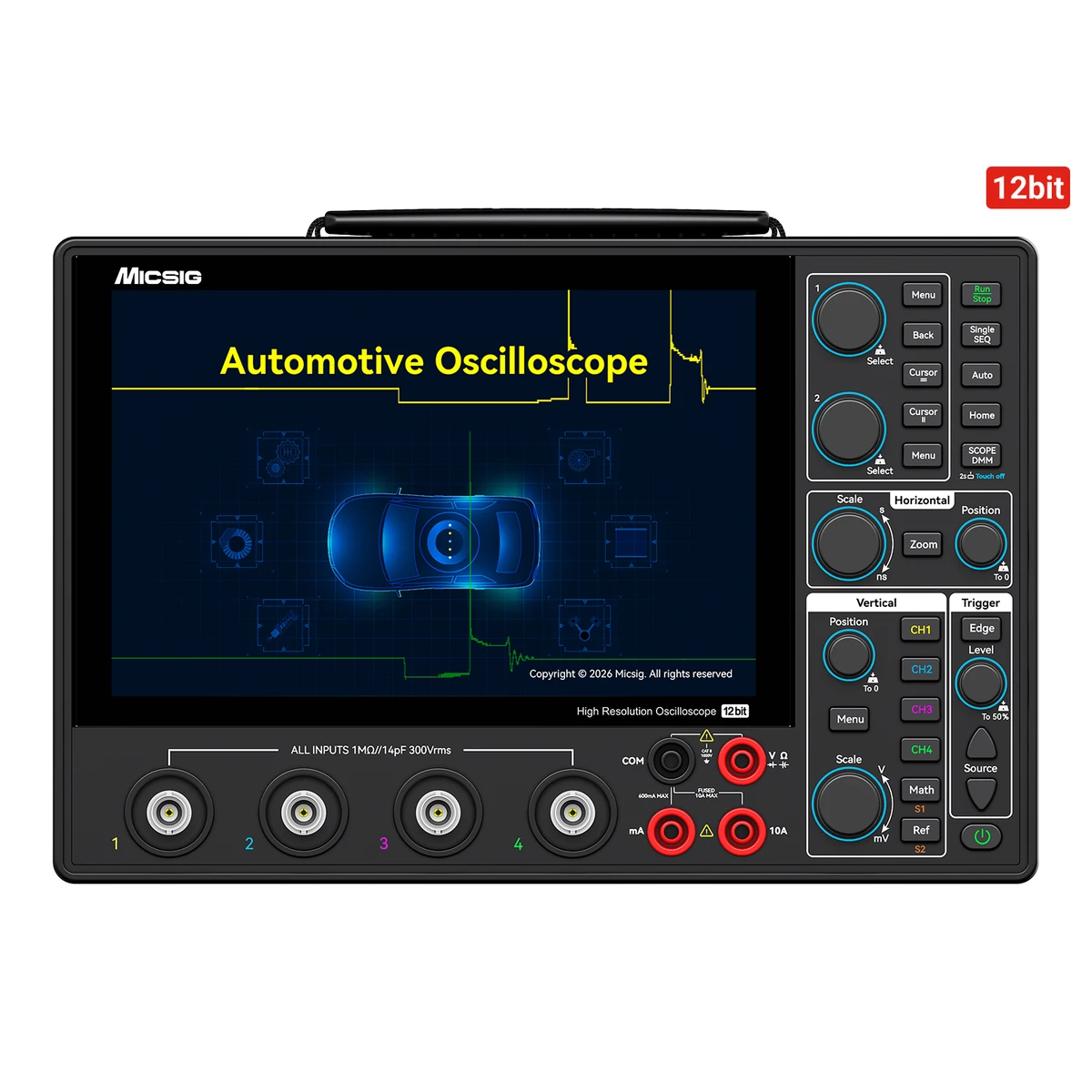 Micsig AHO14-200 Hochauflösendes Automotive-Oszilloskop 4-Kanal 200MHz Bandbreite 1GSa/s Abtastrate 12-Bit-Auflösung