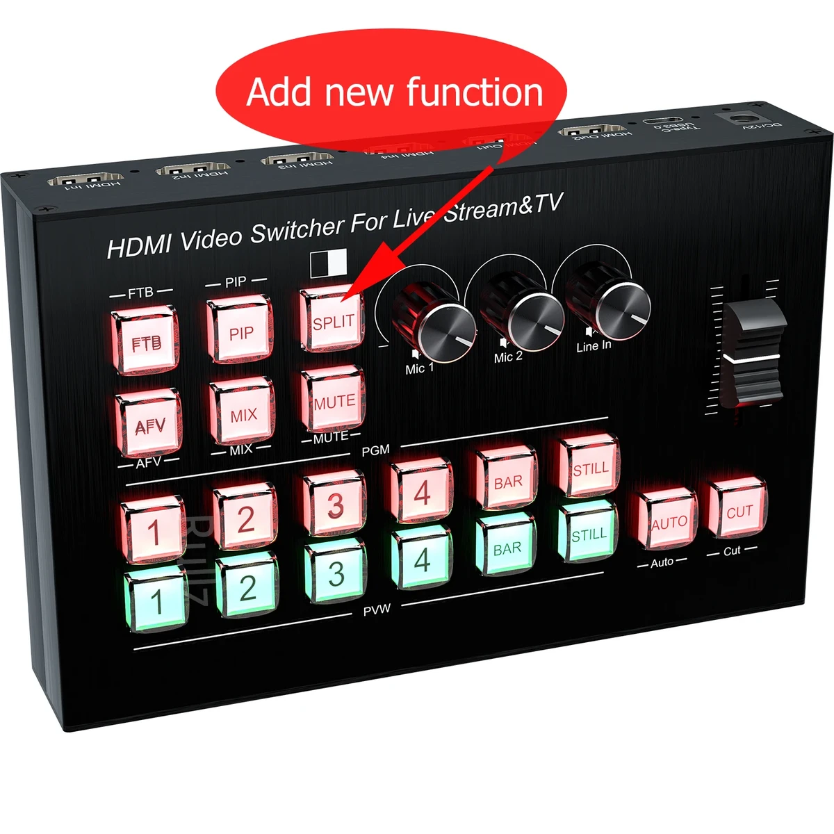 4-channel HDMI video mixer, switcher, video recording, 1080p60, live streaming, PGM, seamless switching output, 6 frames, PVW 4-channel HDMI video mixer, switcher, video recording, 1080p60, live streaming, PGM, seamless switching output, 6 frames, PVW