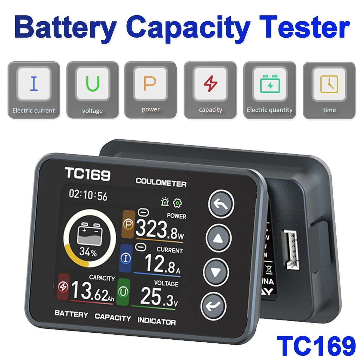 TC169 Testeur de capacité de batterie au lithium haute précision (6-60 V CC) avec coulombomètre, écran couleur, wattmètre, ampèremètre et voltmètre.
