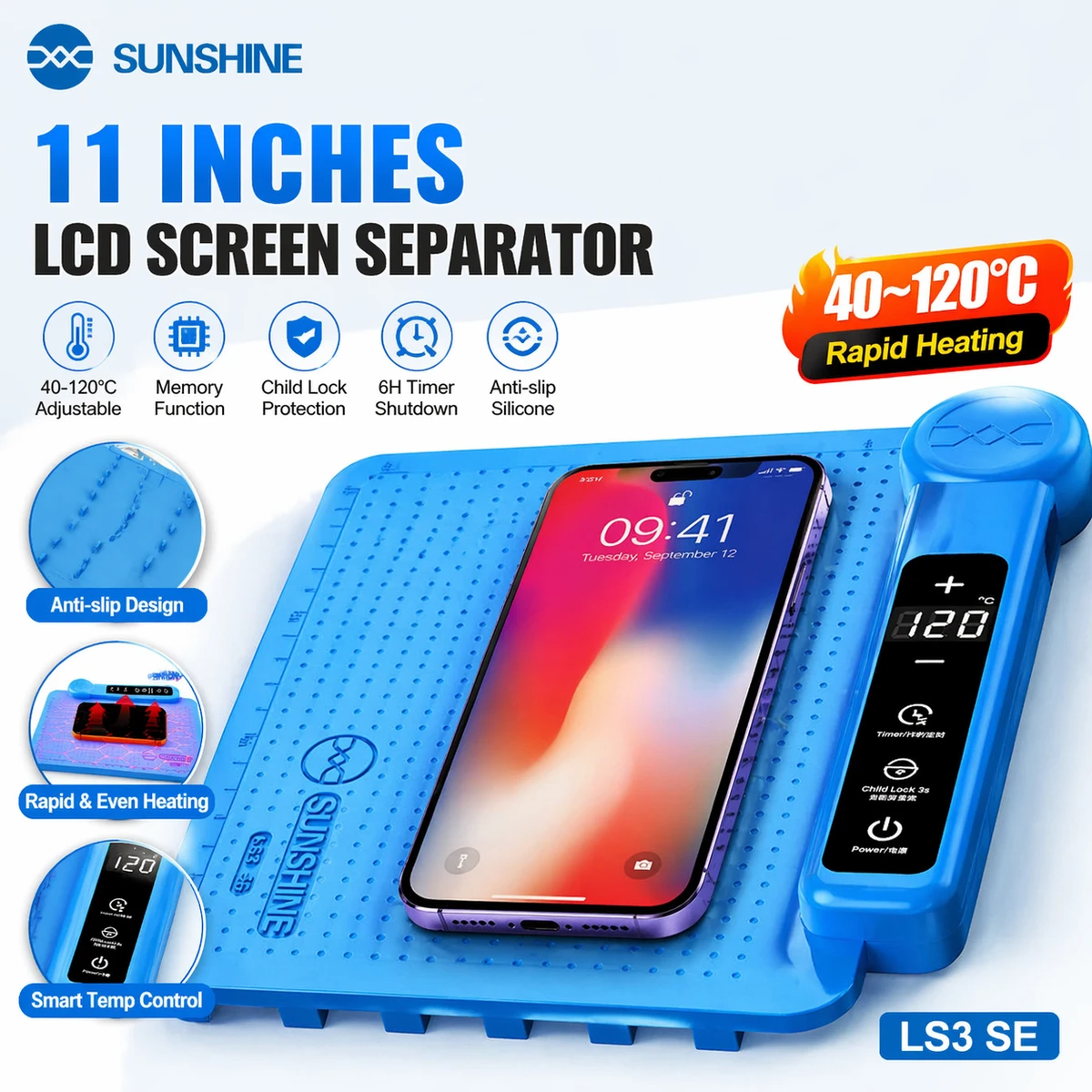 SUNSHINE LS3 SE Plaque chauffante avec écran LCD 11 pouces, thermostat réglable de 40 à 120 °C, minuterie et fonction mémoire