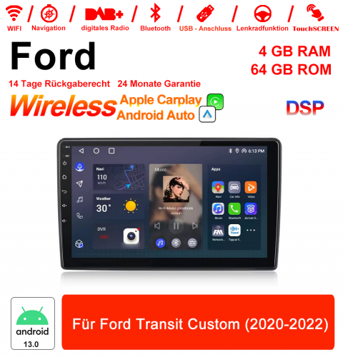 10 pouces Android 13.0 Autoradio / multimédia 4Go de RAM 64Go de ROM pour Ford Transit Custom (2020-2022)