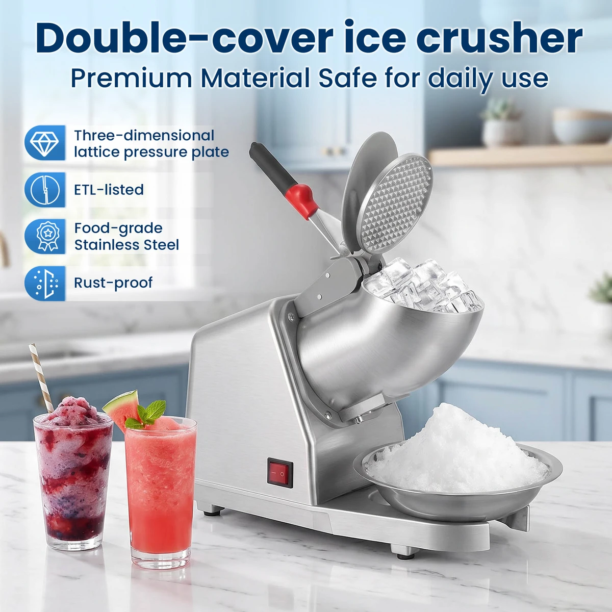 Electric ice crusher 65–85 kg/h – Stainless steel ice crusher, 2200 rpm, for home bars & catering