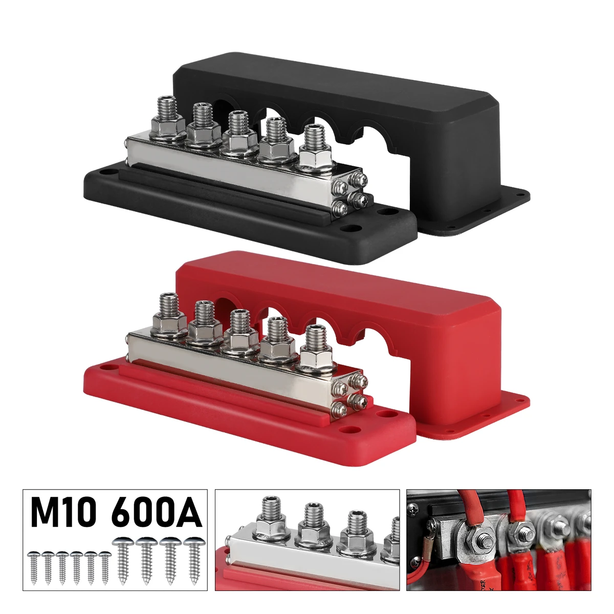 600A 12-48V Busbar Terminal Block Power Distribution Block M10 Bolt DC Positive Negative Terminal Block Boat Car RV Cable Organizer