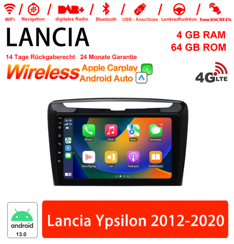 9 inch Android 13.0 car radio / multimedia 4GB RAM 64GB ROM for Lancia Ypsilon 2012-2020