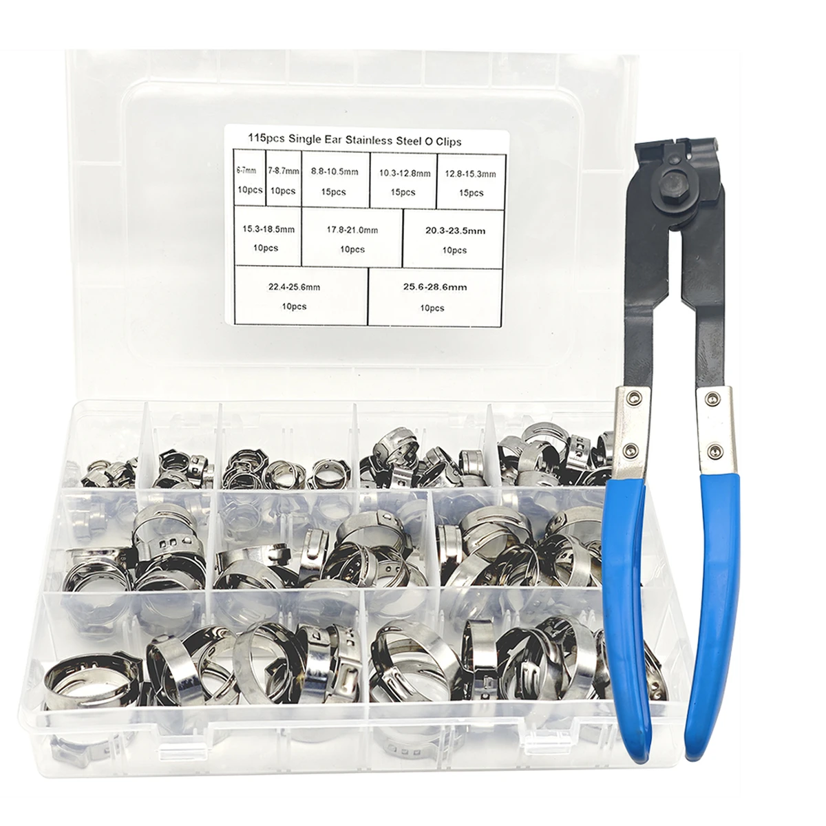 Assortiment de 115 colliers de serrage à une oreille avec pince de serrage, colliers à sertir de 6 à 28,6 mm pour tuyaux et conduites de carburant. Assortiment de 115 colliers de serrage à une oreille avec pince de serrage, colliers à sertir de 6 à 28,6 mm pour tuyaux et conduites de carburant.