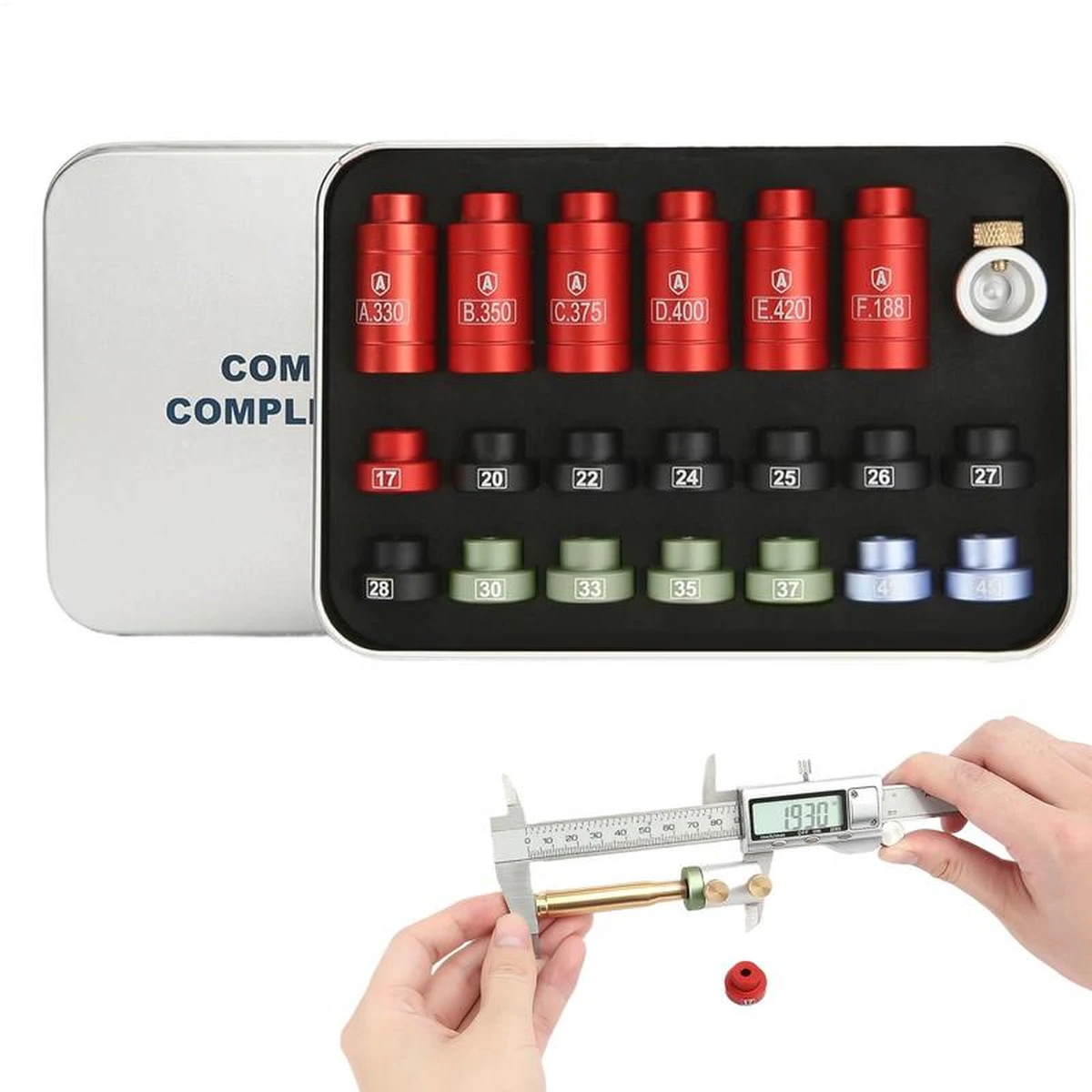 Aluminium-Bullet-Komparator-Kit, Headspace-Messgerät zum Nachladen der Headspace-Messgerät-Komparator-Kit mit 14 Einsätzen und 6 Buchsen Aluminium-Bullet-Komparator-Kit, Headspace-Messgerät zum Nachladen der Headspace-Messgerät-Komparator-Kit mit 14 Einsätzen und 6 Buchsen