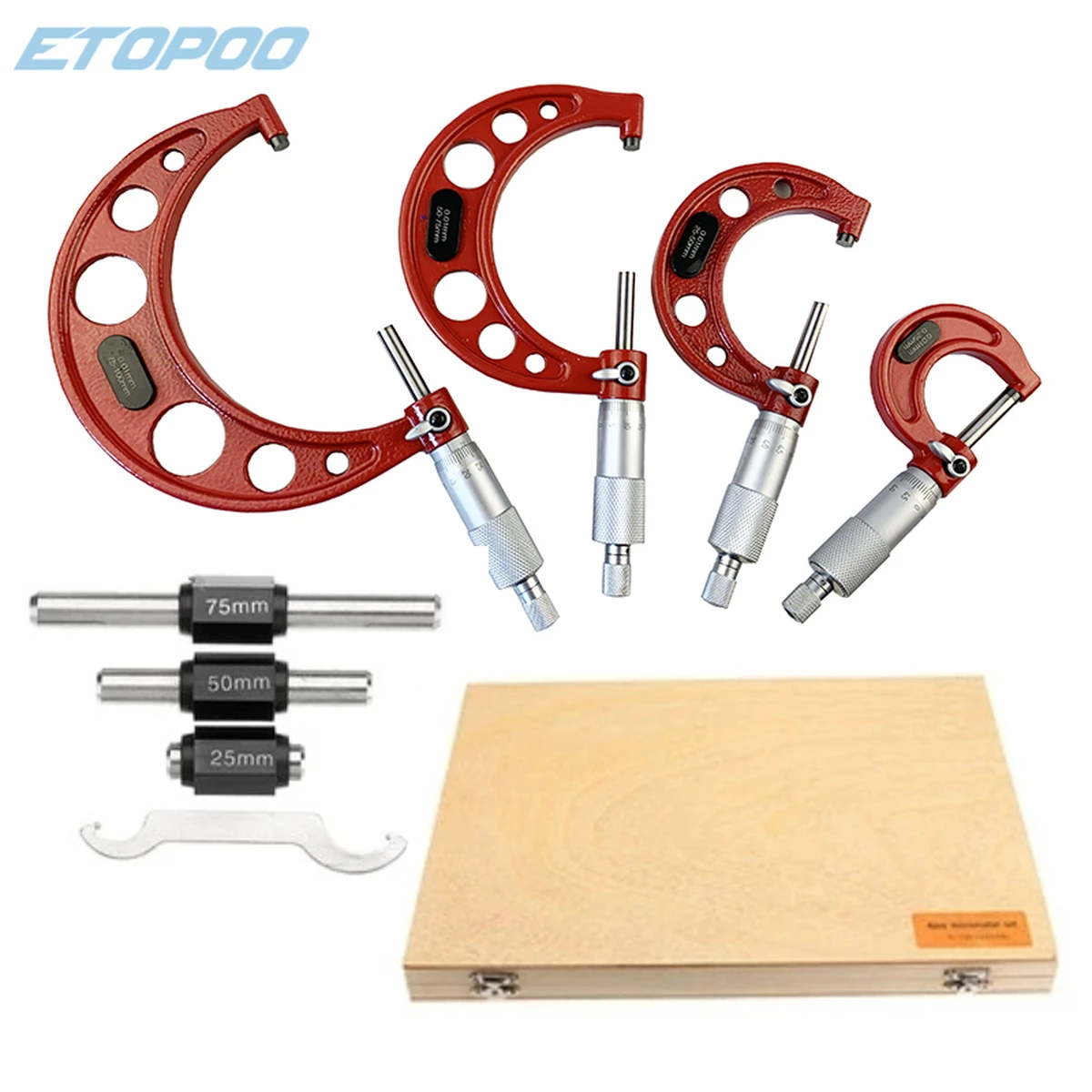 0-25mm-50mm-75mm-100mm Außenmikrometer-Set mit Standards Ratschenanschlag 0-100mm Bereich 0,01mm Abschluss (4-teiliges Set)