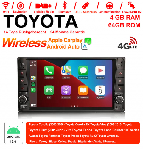 7 pouces Android 13.0 autoradio / multimédia 4GB RAM 64GB ROM pour Toyota Hilux Corolla Vios Terios Land Cruiser Avanza RunX Carplay / Android Auto in